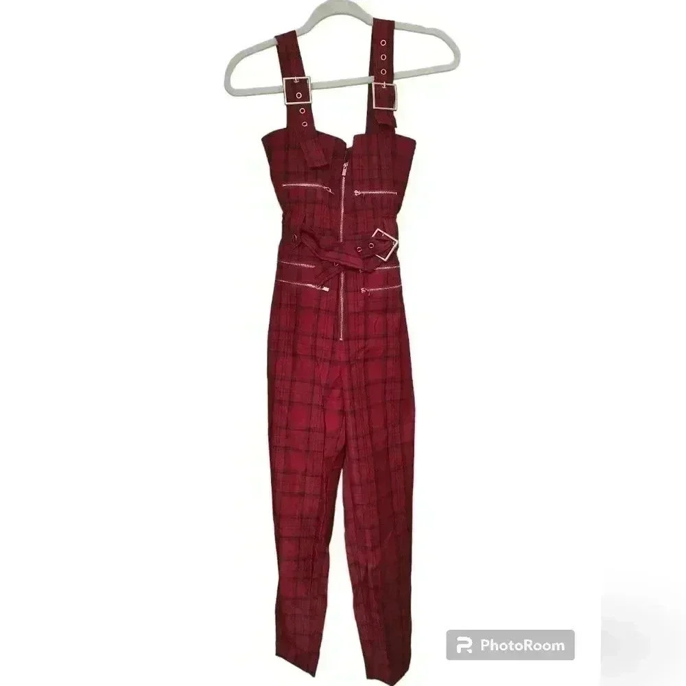 WE WORE WHAT Women's Moto Overalls Plaid Pompeian Red SMALL - Picture 5 of 5